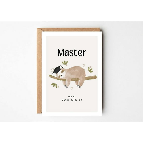Graduation Card for Masters Degree Cute Sloth Design with Graduation Cap "Yes, You Did It" Perfect for Celebrating Achievements & Success Envelope Included