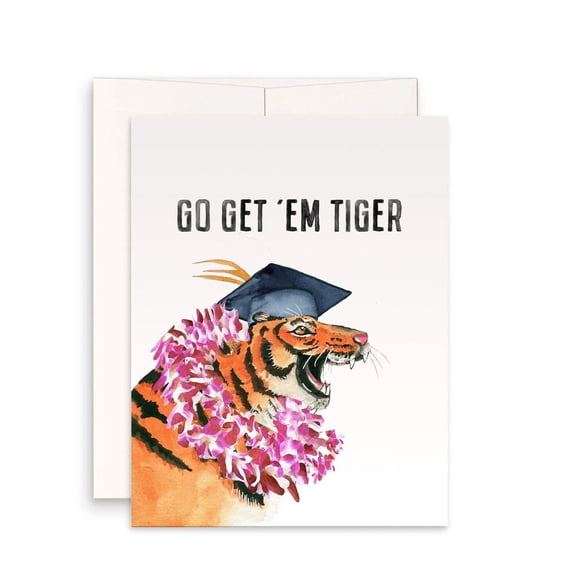 Graduation Card for Tiger Fans Go Get 'Em Tiger with Grad Cap and Flower Lei Design Blank Inside, Envelope Included Perfect Gift for Graduation Celebrations