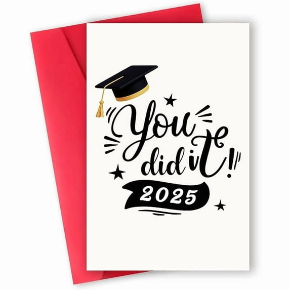 Graduation Card - "You Did It!!" Design for 2025 - Festive Hat & Stars Theme - Perfect for Celebrating Graduates - Envelope Included