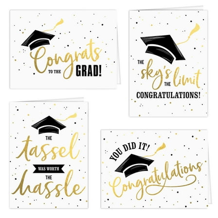 Graduation Cards / 12 Black And Matte Gold Cards With White Envelopes / 4 Black And Faux Gold Graduate Designs / 4 5/8" x 6 1/4" Congrats Grad Greeting Cards / Made In The USA