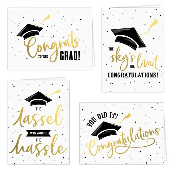 Graduation Cards / 12 Black And Matte Gold Cards With White Envelopes / 4 Black And Faux Gold Graduate Designs / 4 5/8" x 6 1/4" Congrats Grad Greeting Cards / Made In The USA