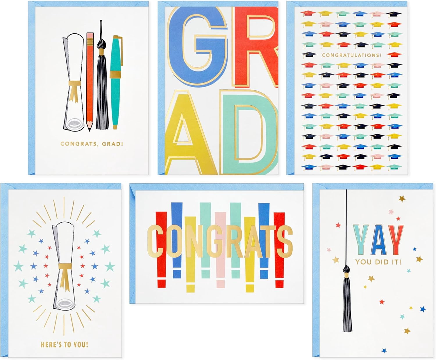 Graduation Cards Bulk Assortment, Colorful Congrats (36 Cards and Envelopes, 6 Designs)
