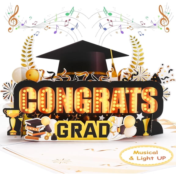 Graduation Cards, Musical Pop Up Congrats Grad 2026 Card with Light | 3D Popup Congratulations Graduation Gifts for 2026 High School College University Graduates for Son Daughter Grandson