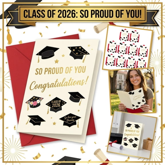 Graduation Cards Pack, 10 Pack Congratulations Cards with Envelopes, Mortarboard Gold Foil Design for High School and College Graduation Celebrations, 10 Cards and 10 Red
