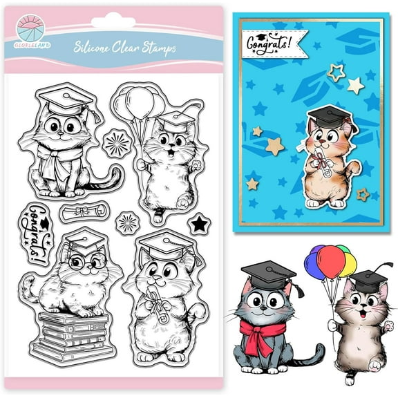 Graduation Cartoon Cat Clear Stamps for Scrapbooking Congrats Silicone Stamps Graduation Season Transparent Stamp for Card Making DIY Embossing Journaling Colorful