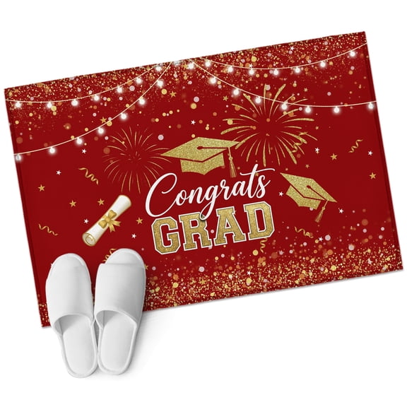 Graduation Celebration Bathroom Rug Washable 2x3 Entryway Rug Non Slip Red Golden Fireworks Cap Front Door Mat Low Pile Indoor Doormat Throw Floor Carpet for Kitchen Bedroom Entrance