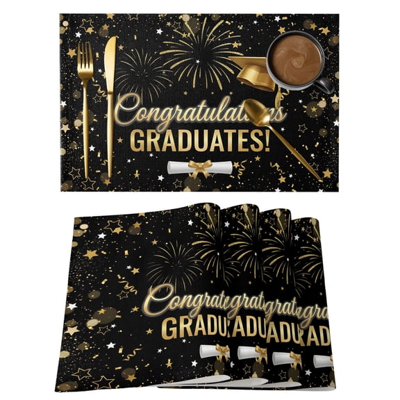 Graduation Celebration Placemats Set of 2 Fireworks Cap Tassel Black Gold Place Mats Indoor Wipeable Table Mats Washable Cloth Dining Table Placemats for Kitchen Holiday Party Home Decor 13x19 Inch