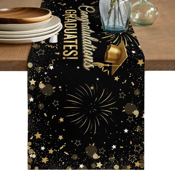 Graduation Celebration Short Table Runner 36 Inches Long,Fireworks Cap Tassel Black Gold Cotton Linen Table Runners Dresser Scarves,Fabric Tabletop Scarf Furniture Cover for Home Dinner Party 13"x36"
