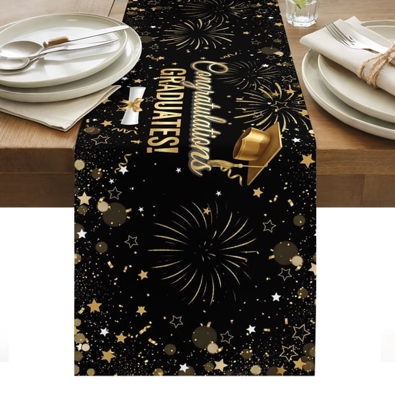 Graduation Celebration Table Runner Fireworks Cap Tassel Black Gold Tablerunners 13 x 36 Inch, Table Decorations Tabletop Scarf for Summer Gathering Holiday Farmhouse Kitchen Dining Decor