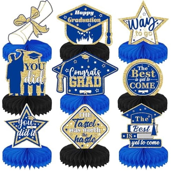 Graduation Centerpieces for Tables, 9Pcs Graduation Table Decorations, 3D Royal Blue Congrats Grad Honeycomb Centerpieces Table Toppers, Photo Props for Class of 2026 Grad Party Favors