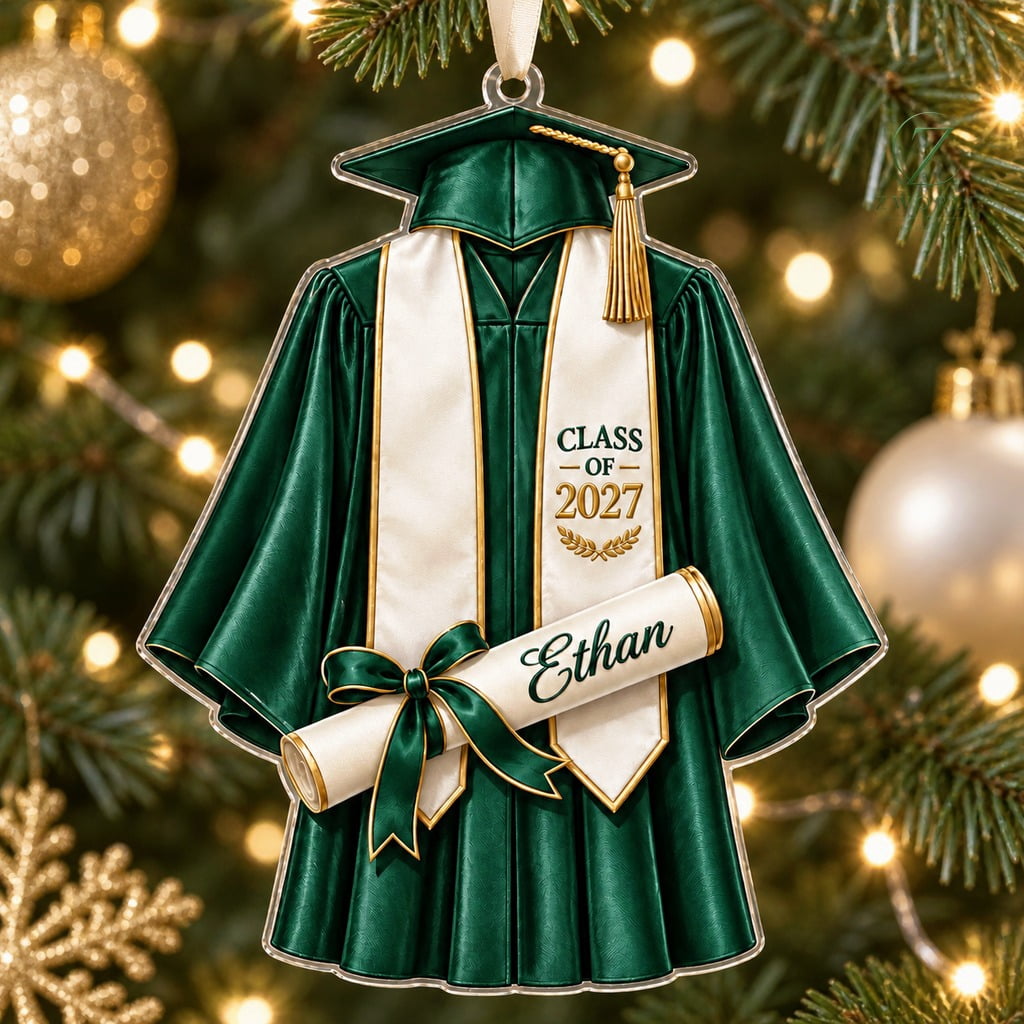 Grac Cap Graduation Christmas Acrylic Ornament, Green and Ivory Cap Gown Tree ...