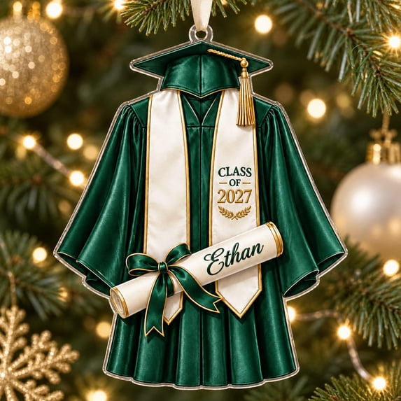 Graduation Class Images Graduation Christmas Acrylic Ornament, Green and Ivory Cap Gown Tree ...