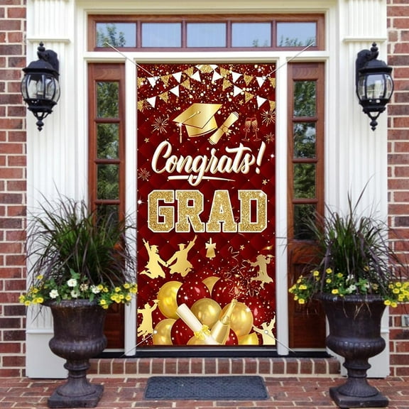 Graduation Class of 2025 Door Cover Banner Front Door Porch Sign Congrats Grad Red Gold Backdrop for Indoor Outdoor Party Decorations