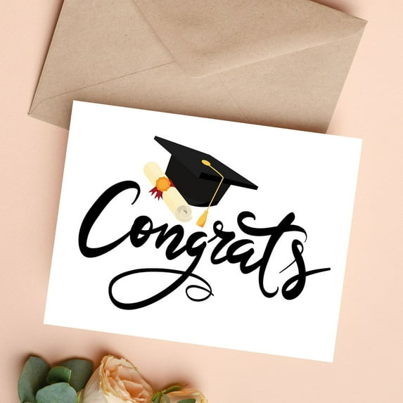 Graduation Congratulations Card – Stylish Hand Lettered “Congrats” with Graduation Cap and Diploma – Blank Inside, Envelope Included – Perfect Gift for Graduates