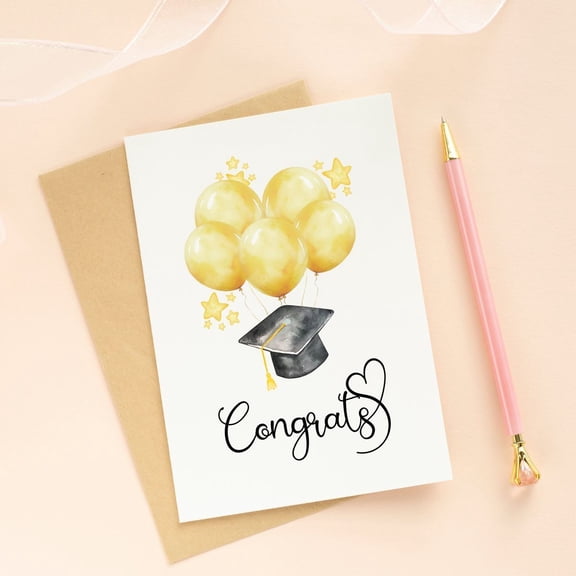 Graduation Congratulations Card with Balloons and Cap – Cute Design, Blank Inside, Perfect for Graduates – Envelope Included