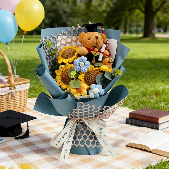 Graduation Crochet Flower Bouquet with Plush Bear, Handmade Knitted Sunflower & Rose Bouquet for Graduation Gift