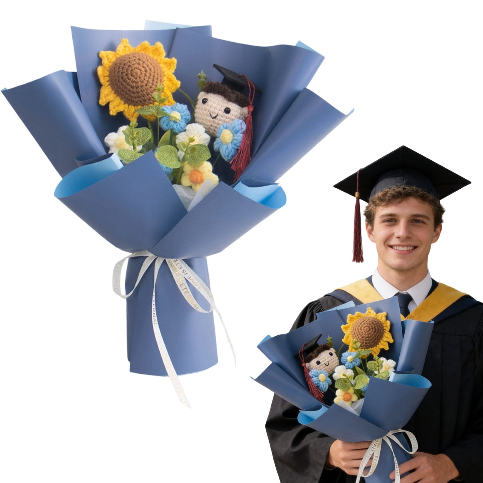 Graduation Crochet Flowers Bouquet, Handmade Knitted Grad Gift, Artificial Preserved Flowers, Teacher Appreciation Home Decor, Sunflower Rose Bouquet, Birthday Anniversary Gift
