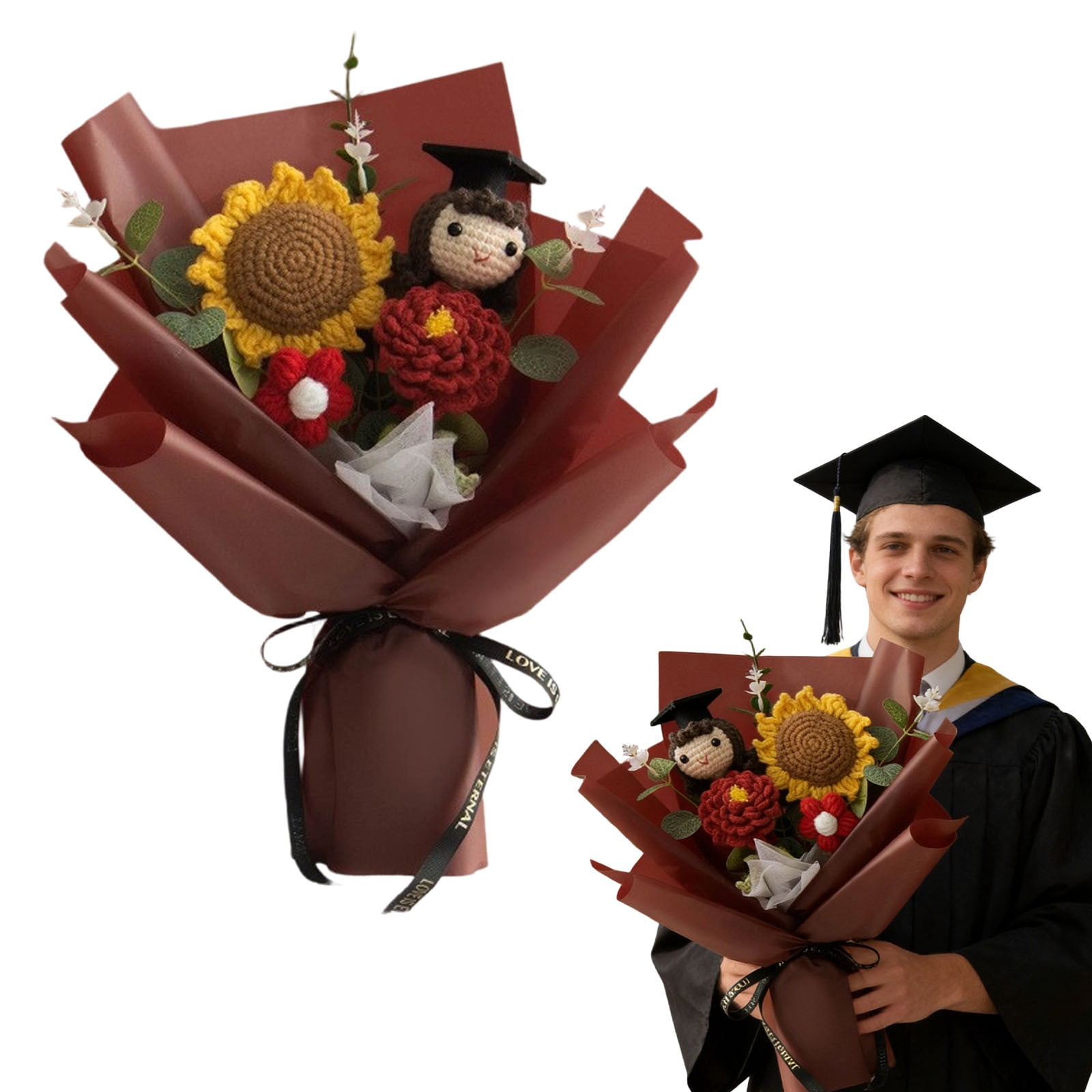 Graduation Crochet Flowers Bouquet, Handmade Knitted Grad Gift, Artificial Preserved Flowers, Teacher Appreciation Home Decor, Sunflower Rose Bouquet, Birthday Anniversary Gift
