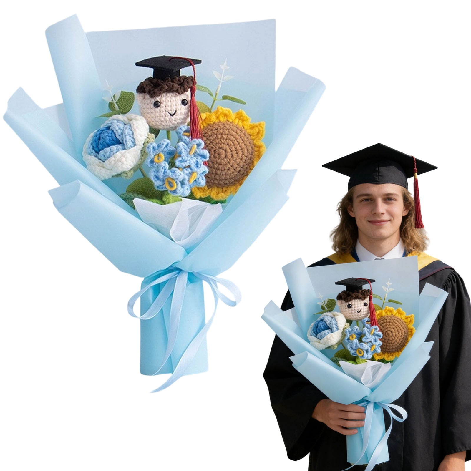 Graduation Crochet Flowers Bouquet, Handmade Knitted Grad Gift, Artificial Preserved Flowers, Teacher Appreciation Home Decor, Sunflower Rose Bouquet, Birthday Anniversary Gift