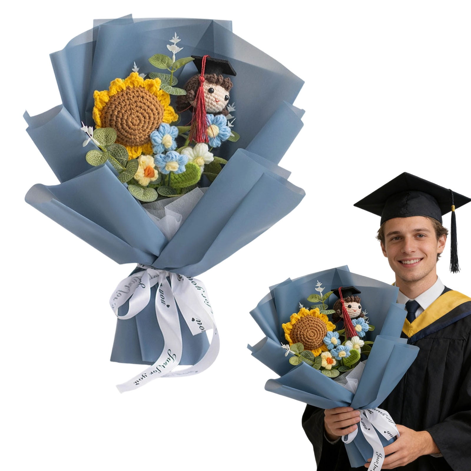 Graduation Crochet Flowers Bouquet, Handmade Knitted Grad Gift, Artificial Preserved Flowers, Teacher Appreciation Home Decor, Sunflower Rose Bouquet, Birthday Anniversary Gift