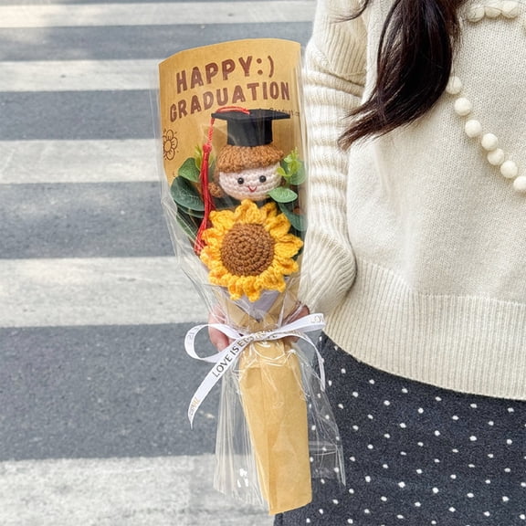 Graduation Crochet Sunflower Bouquet, Handmade Knit Flower with Graduation Cap for Graduation Gift