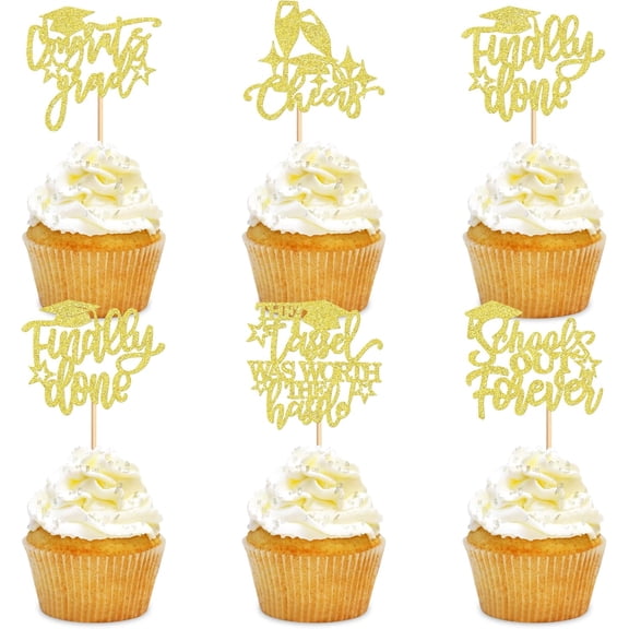 Graduation Cupcake Toppers, 12PCS Glitter Picks with Congrats Grad & Finally Done for 2025 Graduation Party Decor