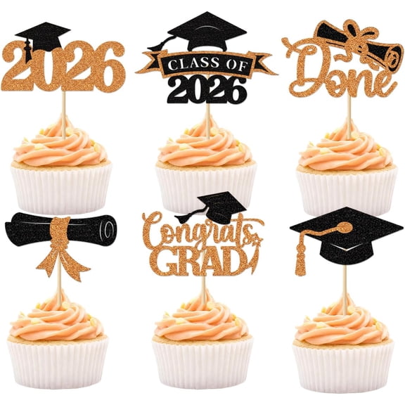 Graduation Cupcake Toppers 2026, 36PCS Class of 2026 Cupcake Picks, Congrats Grad Graduation Decorations 2026, Cake & Cupcake Toppers for Graduation Party Decorations (Orange Glitter)