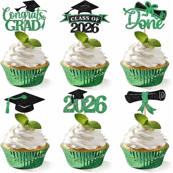 Graduation Cupcake Toppers 2026, 48PCS Class of 2026 Cupcake Toppers, Glitter Graduation Decorations 2026, Cake & Cupcake Toppers for Graduation Party Decorations (Green)
