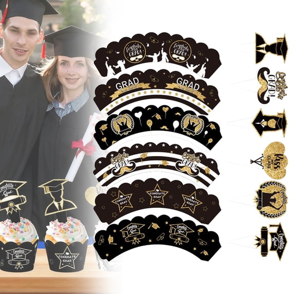 Graduation Cupcake Toppers,Glitter Class Of 2026 Cupcake Toppers Grad Cap Cake Toppers Picks 2026 Graduation Party Supplies,Food/Appetizer Picks For Graduation Party,Mini Cake Decorations,Black,1 Set