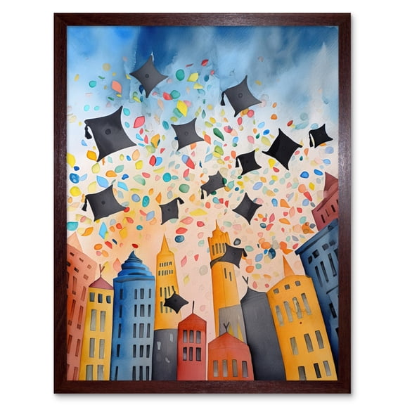 Graduation Day Folk Art Watercolour Painting Art Print Framed Poster Wall Decor 12x16 inch