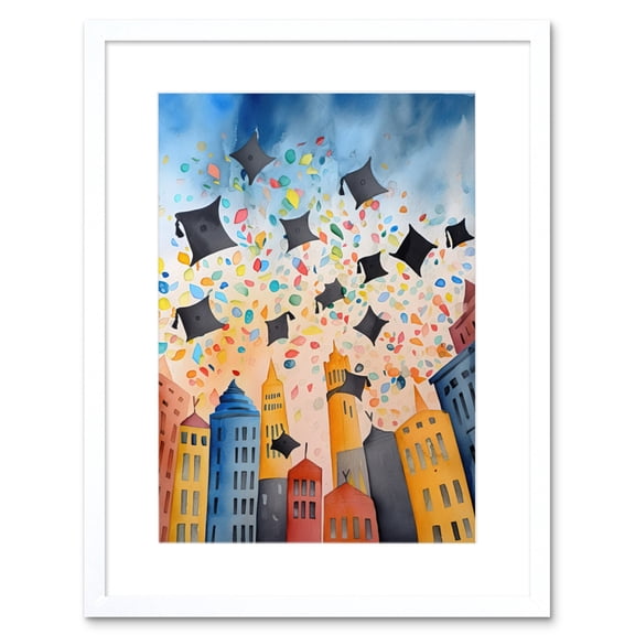 Graduation Day Folk Art Watercolour Painting Artwork Framed Print Wall Art 9X7 Inch