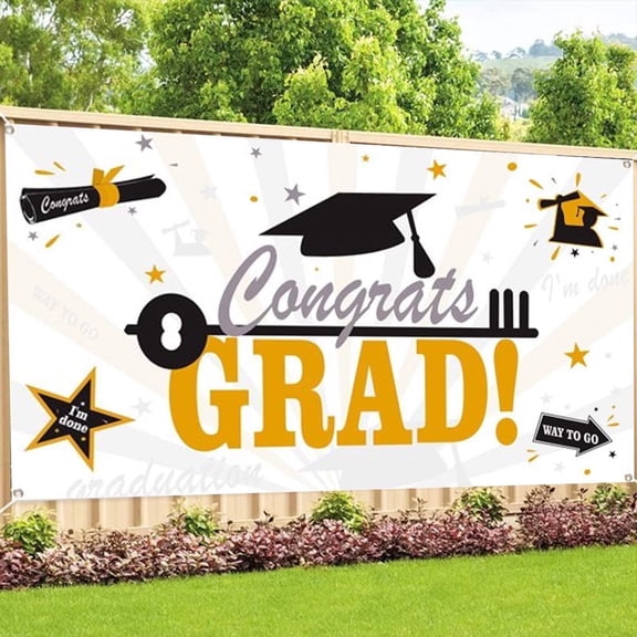 Graduation Decoration 2026 Banner Congrats Grad Black and Gold 2026 Party Supplies - Class of 2026 Banner for Graduation Decor (45X78 Inches)