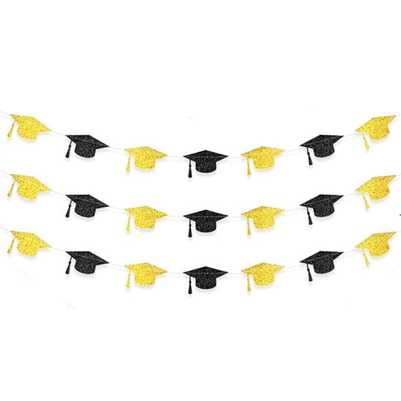 Graduation Decoration Banners 2026 Black Glitter Graduation Hats with Tassel Banners Garlands Class of 2026 Banners for College High School Graduate Party Decorations