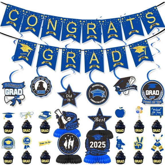 Class of 2025 Decorations Graduation Party Supplies Congratulations Cupcake Toppers Grad Banner Honeycomb Table Centralpieces for Grad Party Favors Black Blue