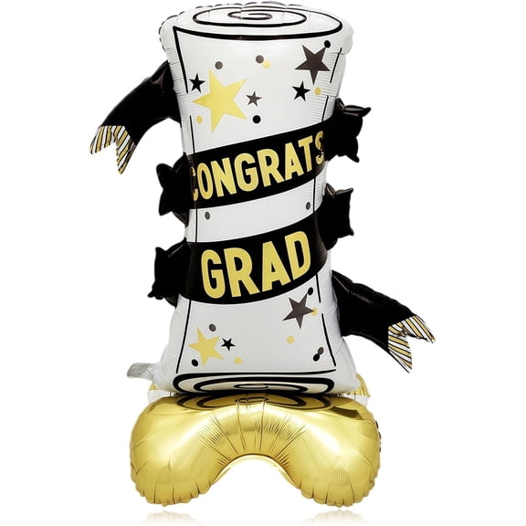 Graduation Decorations, 1 Pack 46 Inch Graduation Balloon Self Standing Black Gold White Diploma Scroll Congrats Grad Foil Balloon, Class of 2026 Grad Party Decor for High School College Photo Prop