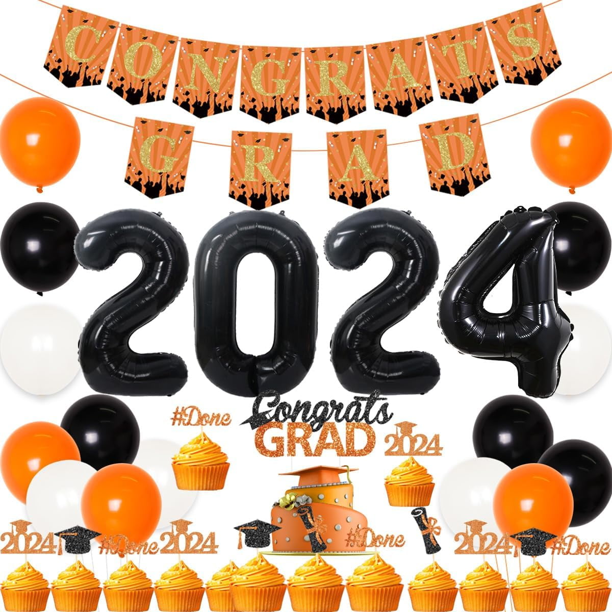 Graduation Decorations 2025 Orange and Black Congrats Grad Party