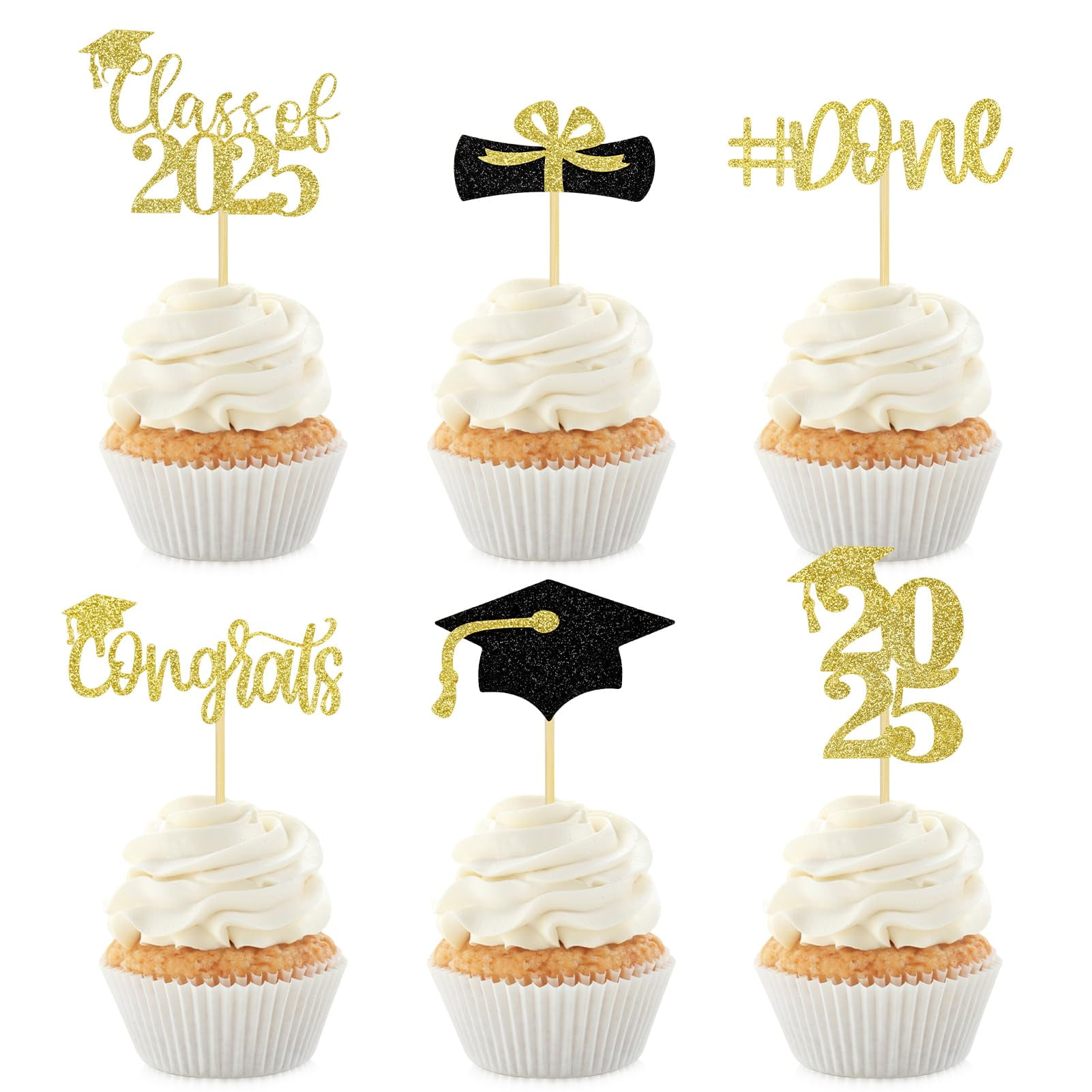 24Pcs 2025 Graduation Cupcake Toppers - Black & Gold Assorted Designs For Graduation Party Decor
