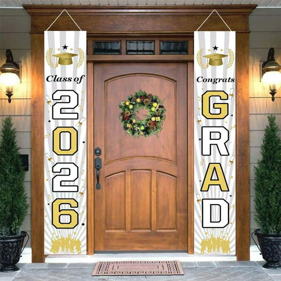 Graduation Decorations 2026 Banner - Congratulations Banner Graduation Party Supplies Porch Sign CLASS OF 2026 CONGRATS GRAD Hanging Flags Banners - White
