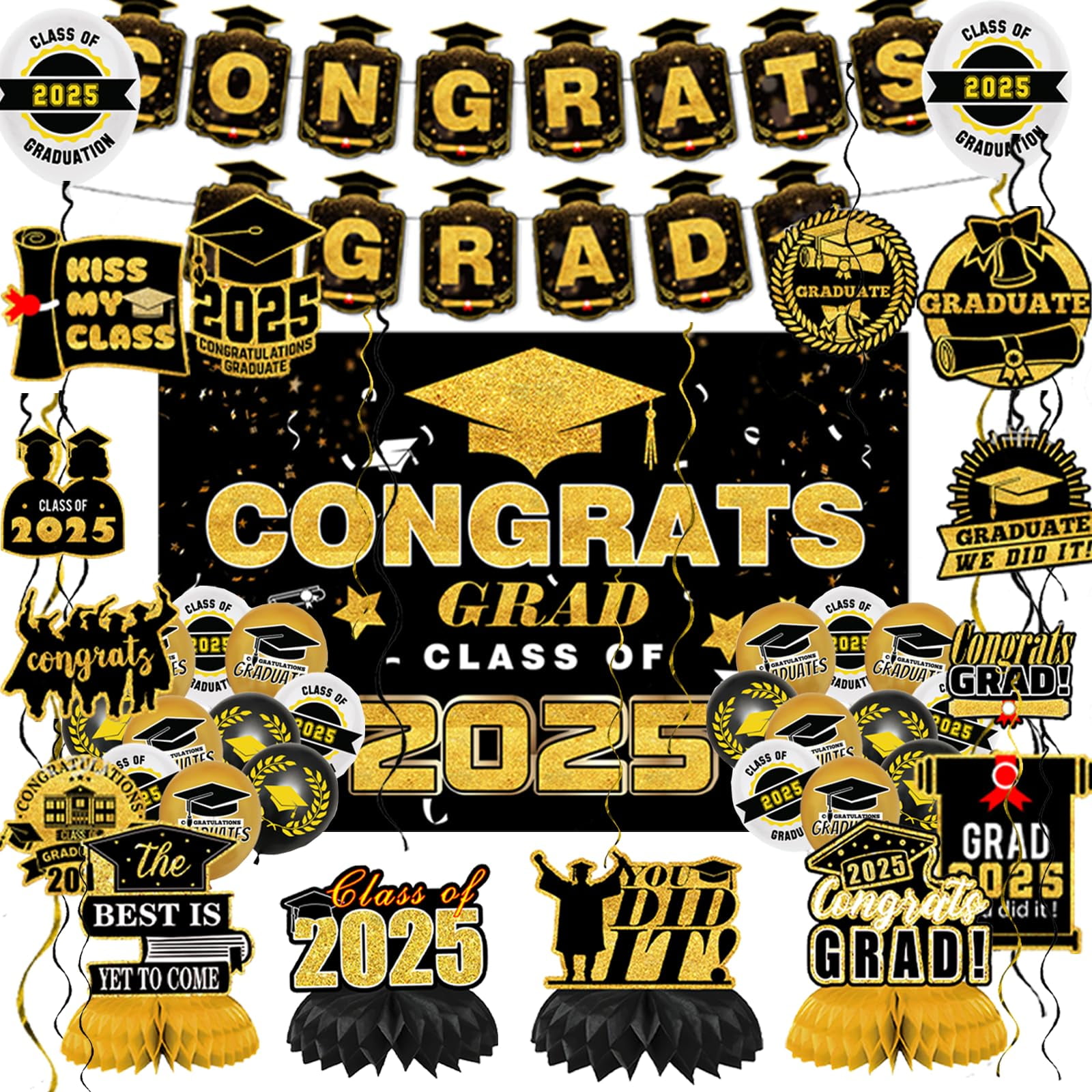 Graduation Hanging Swirl Decorations - 26 Inch Black Cap Ceiling Decor (3 Pack)