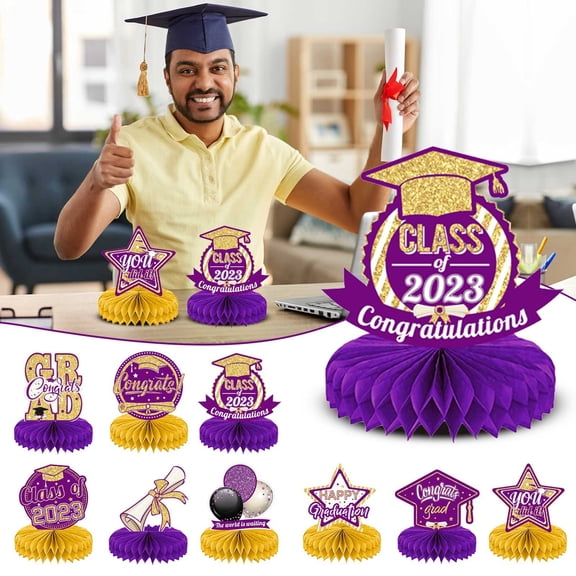 Graduation Decorations 2025 Desktop Ornament 2023 Graduation Season Hat Honeycomb Decoration Desktop Decoration Paper Fan Honeycomb Ball Graduation Party Decoration Trumpet Ornament, Home Decora