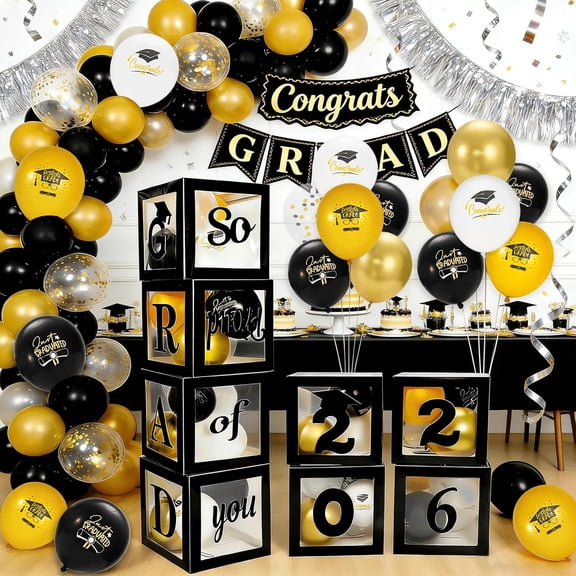 Graduation Decorations 2026-4Pcs Black Balloons Boxes With Letters '2026 GRAD So Proud of You' and 60Pcs Latex Balloon for Class 2026 - Congrats Grad Party Decor