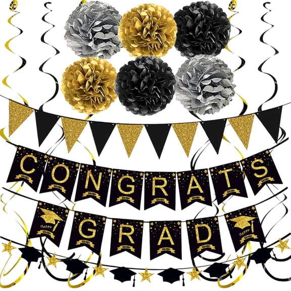 Graduation Decorations 2026, Black and Gold Congrats Grad Banner, Star Cap Garland, Tissue Paper Pompoms, Graduation Party Decor Kit for Wall, Ceiling, Table Centerpiece