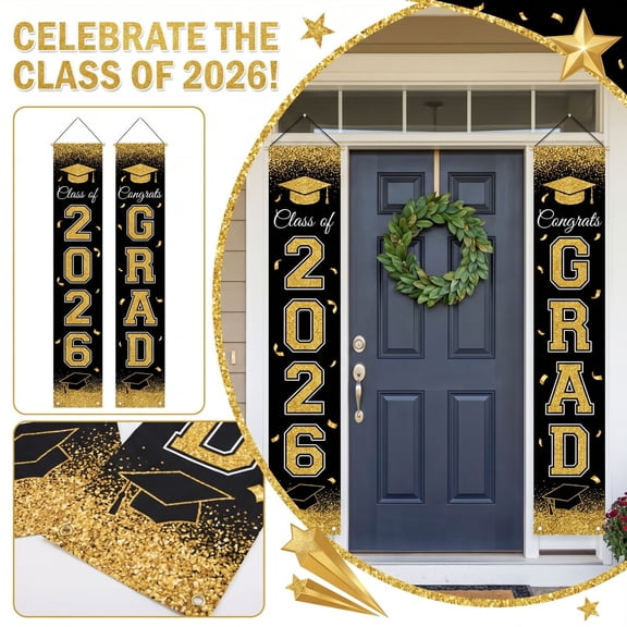 Graduation Decorations 2026 - Black and Gold Graduation Banner Class of 2026 Congrats Grad Party Supplies Decorations Door Banner 2026 for Graduation Decor