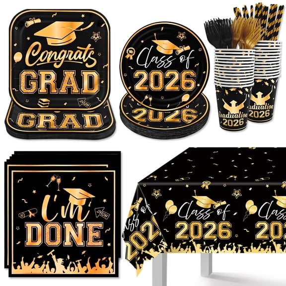 Graduation Decorations 2026, Black and Gold Graduation Party Tableware Supplies for 26 Guests, Disposable Plates Napkins Cups Cutlery Tablecloth for Graduation Party Decorat