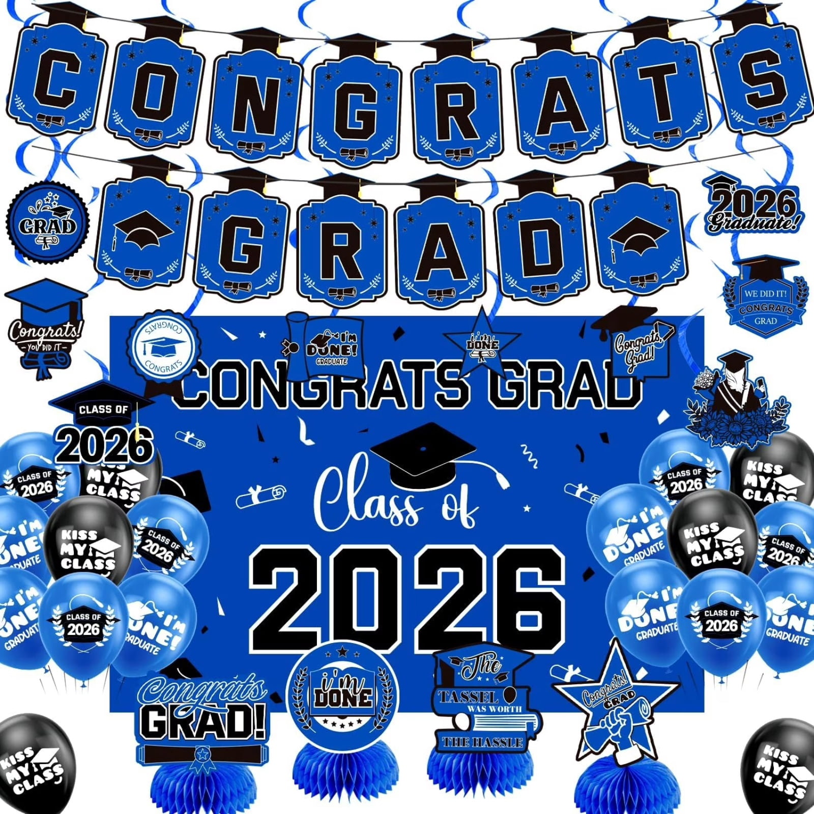Graduation Decorations 2026, Black Party Decorations, Blue Party Decorations, Grad Cap Decorations, Graduation Balloons, Congrats Banner, 2026 Graduation Table Decorations, 12 In,