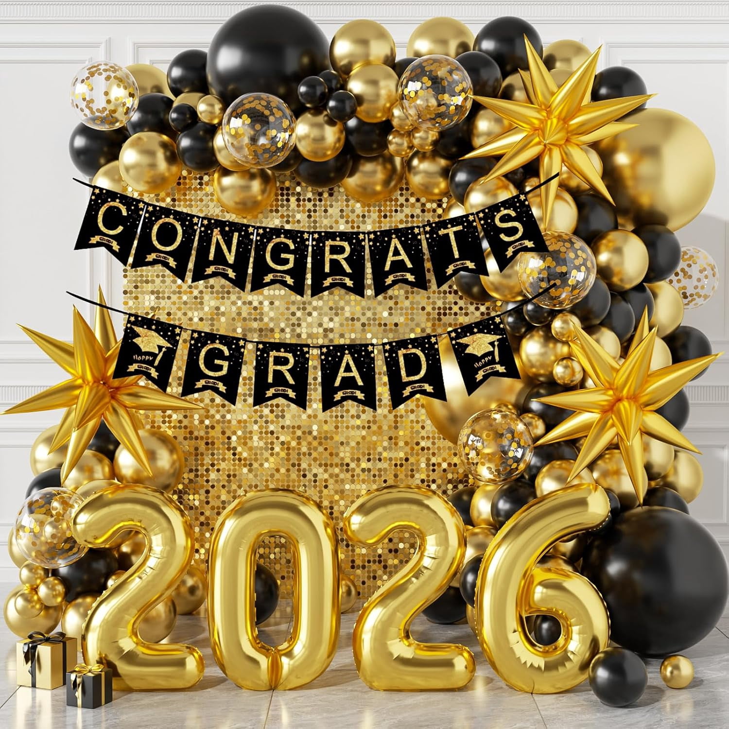 Graduation Decorations 2026 Black and Gold, Party Balloon Arch Kit, Gold Balloons Class of 2026, Banner Kit