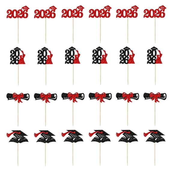 Graduation Decorations For 2026,Cake Picks & Toppers For Congrats Grad,Class Of 2026 Graduation Cupcake Toppers,Glitter Grad Cap Diploma Cake Decorations,Class Of 2026 Cupcake Toppers,Red(24PCS)