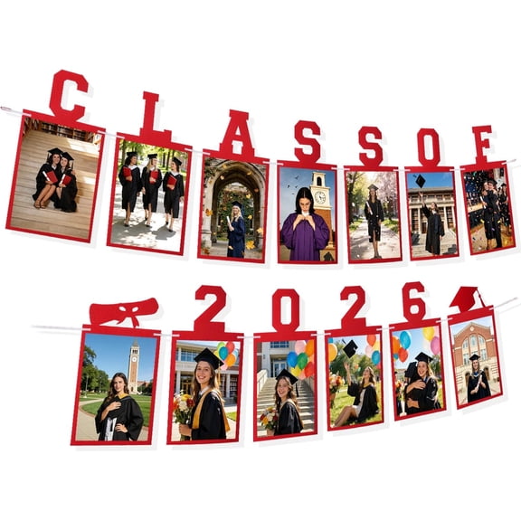Graduation Decorations 2026 Class of 2026 Graduation Photo Banner Pre-Strung Picture Banner Party Supplies for kindergarten K-12th College Any Grade 10Ft Red