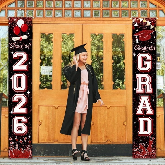Graduation Decorations 2026, Congrats Grad Porch Sign Banner Set, Outdoor Hanging Door Banners for Graduation Party Supplies, Front Door Decor, Photo Booth, Red