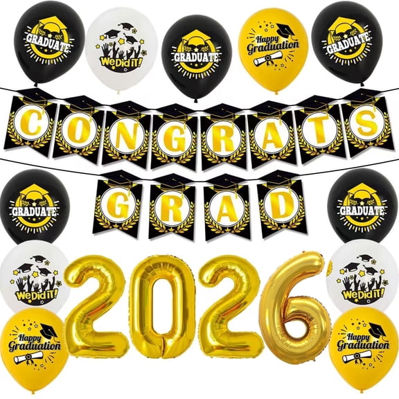 Graduation Decorations 2026 Party Kit - Complete Set with "CONGRATS GRAD" Banner, 12 Premium Balloons (3 Colors), 16 Inch Gold "2026" Foil Balloon for College & High School Graduation Party Decor